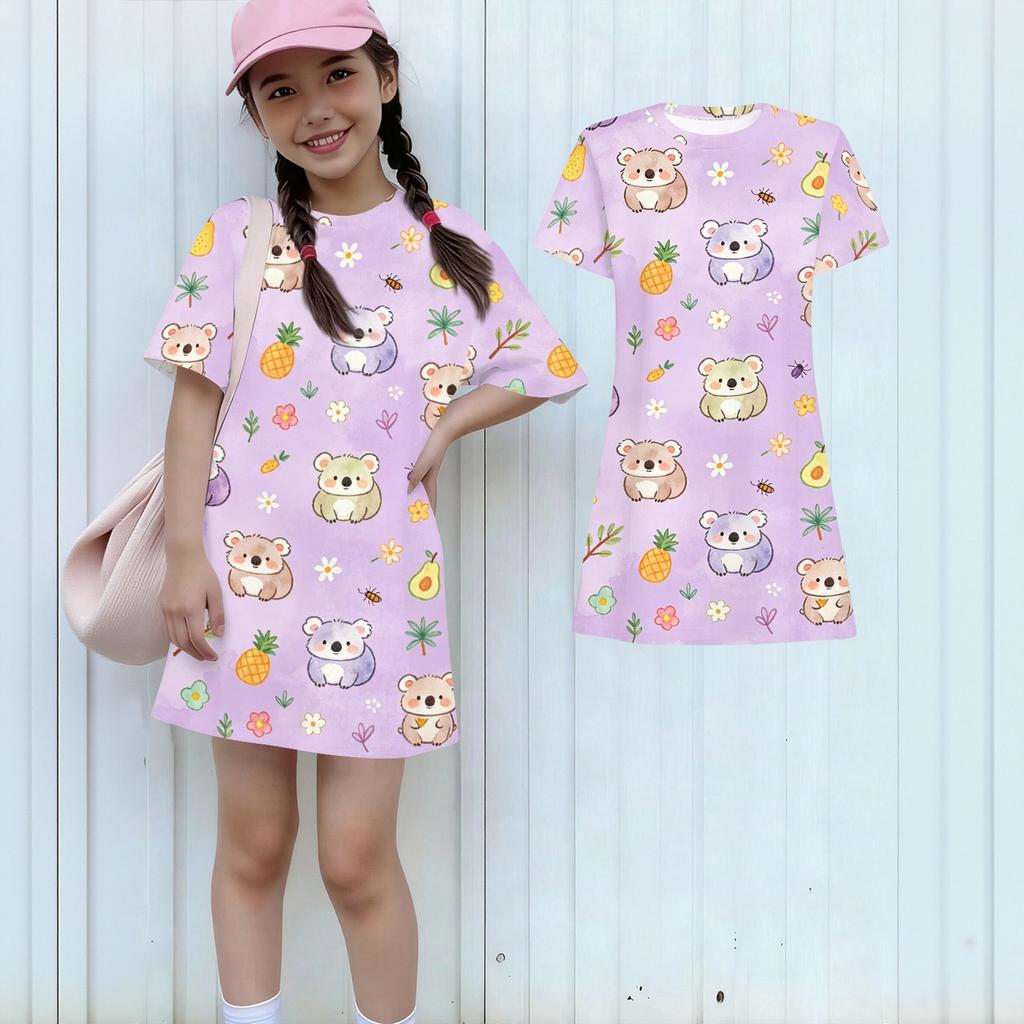 Girls Loose Fit Short Sleeve Dress Animal Print Lightweight Casual Round Neck Summer Dress for Kids
