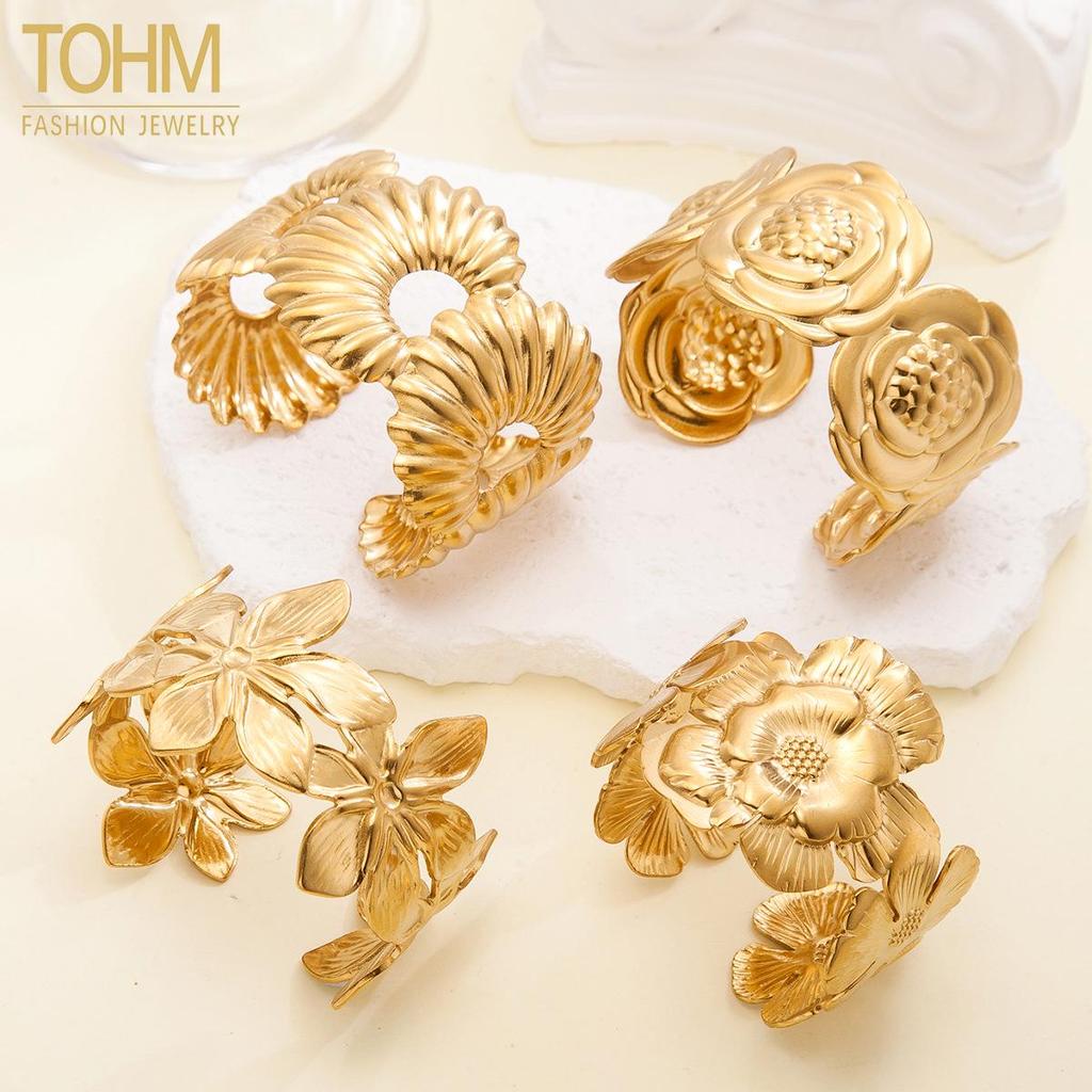 TOHM Retro Floral Open Stainless Steel Bracelet - Women's Exaggerated Fashion, Light Luxury Statement Jewelry