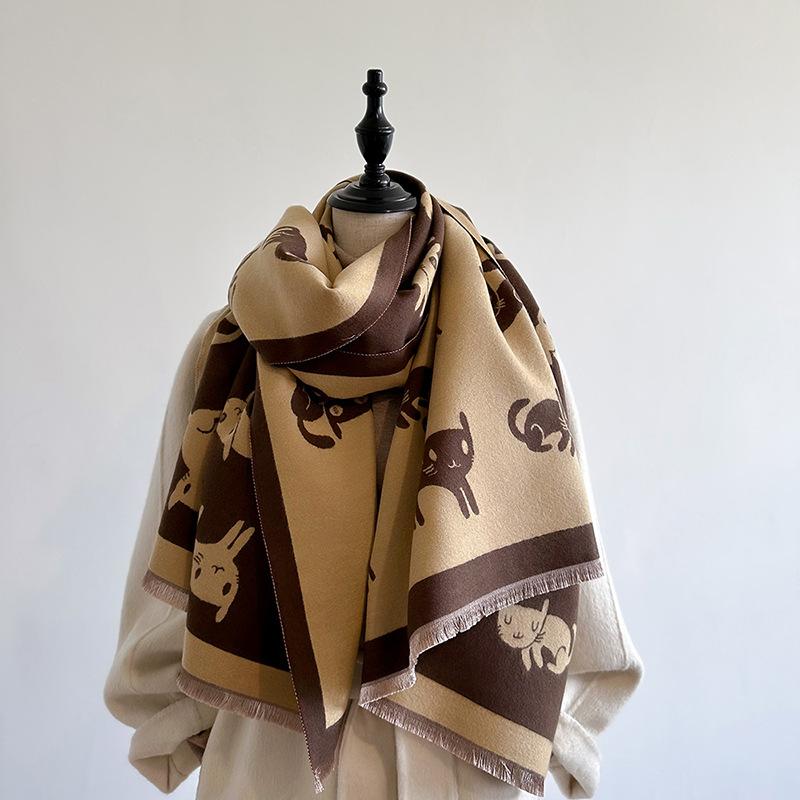 Winter Imitation Cashmere Warm Scarf Female Cute Wind Cartoon Kitten Air Conditioner Decoration Thick Shawl Long Scarf