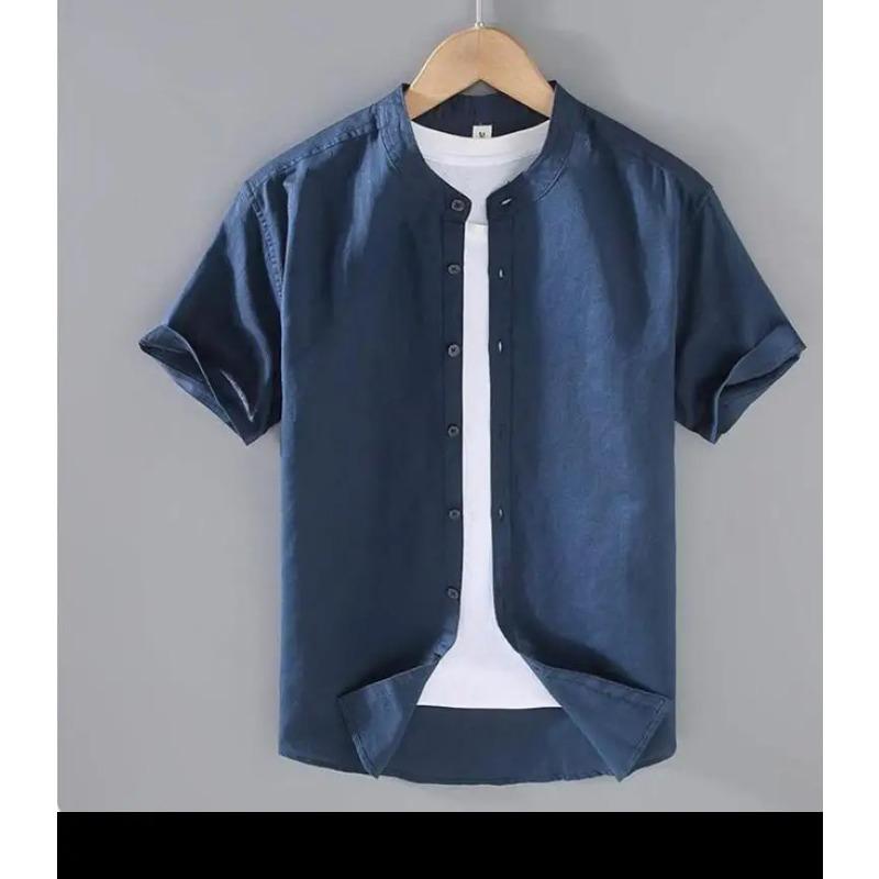 Men's Cotton Linen Short-Sleeved Shirt Summer Streetwear Plain Color Stand Collar Casual Beach Style plus Size M-3XL