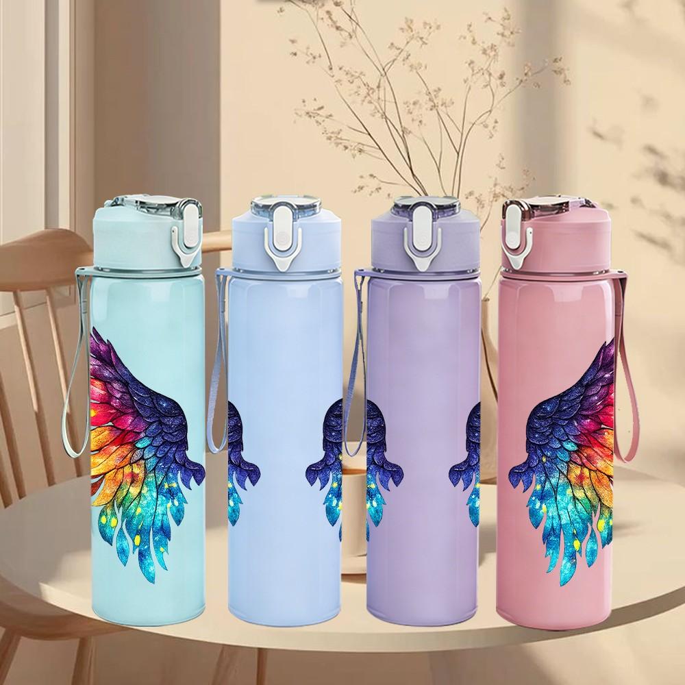 1PC Rainbow Color Feather Wings Pattern 750ml Color Plastic Sports Water Bottle Leakproof Flip Straw Lid Suitable for Sports Office Home Use