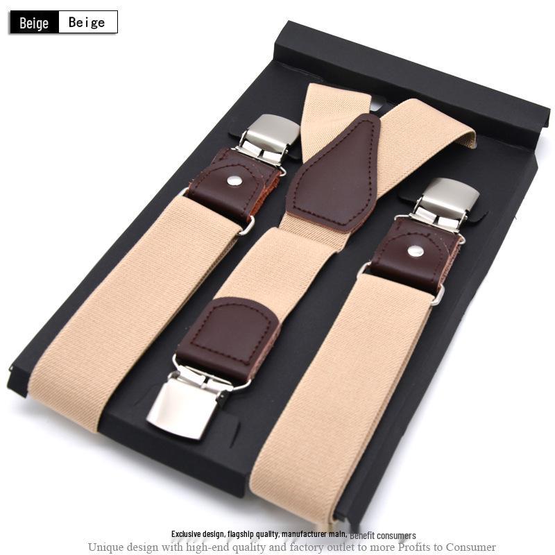 European-Style Plaid Suspenders with Leather Accents and Three-Clip Design