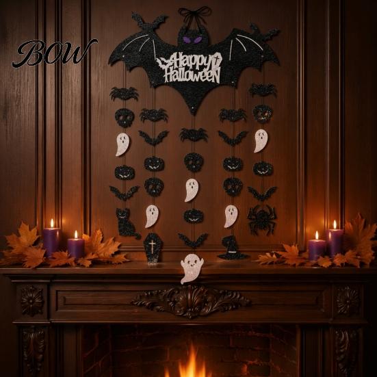 Wall Hanging Bat Set Happy Halloween Door Sign, Spooky Skull Spider Paper Haunted House Decorations Ornament, Large Hanger for Party Supplies