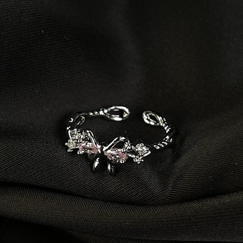 Pink Series Ring Zircon Super Flash Simple Small Fresh Premium Index Finger Ring Bow Opening Adjustable Ring