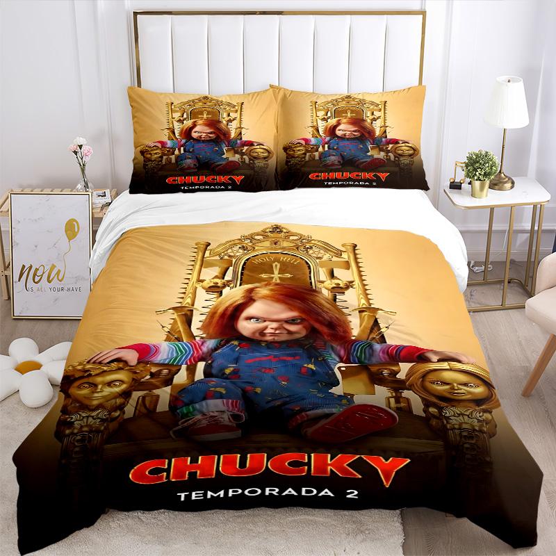 Set de așternut cu imprimeu Chucky'S Throne Returns 3 buc. Husă de pilotă cu 2 fețe de pernă Cadou de casă pentru ziua de naștere