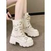 New Women Fur Ankle Boots Thick Sole Leather Combat Motorcycle Boot Autumn Winter Warm Plush High Platform Snow Shoes Woman 10CM