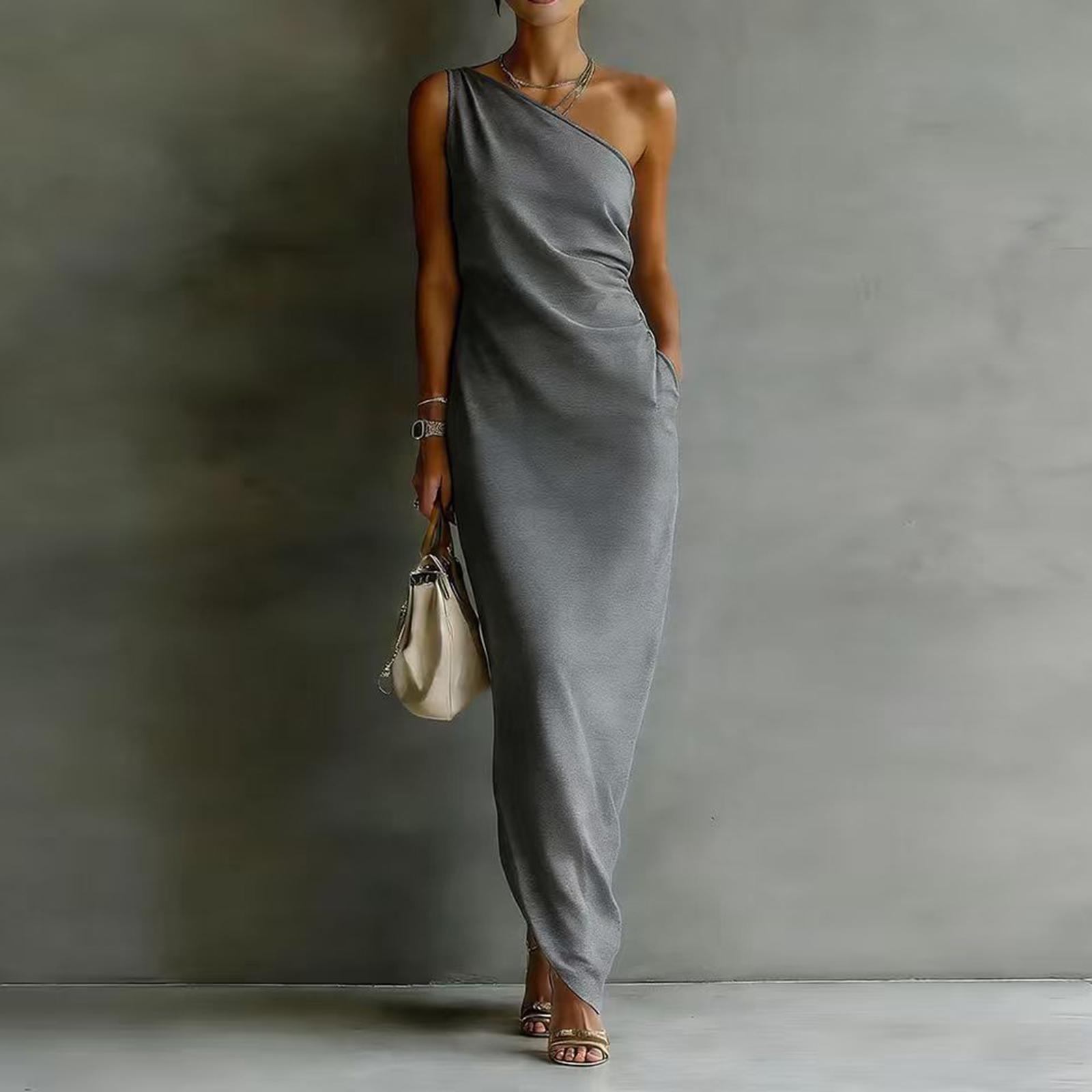 Women s Color Slanted Shoulder Satin Slim Fit Long Dress XXL