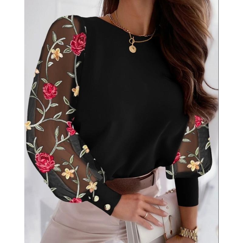 Long-sleeved Fashion Round Neck Hollow Long-sleeved Shirt Shirt Women's Clothing