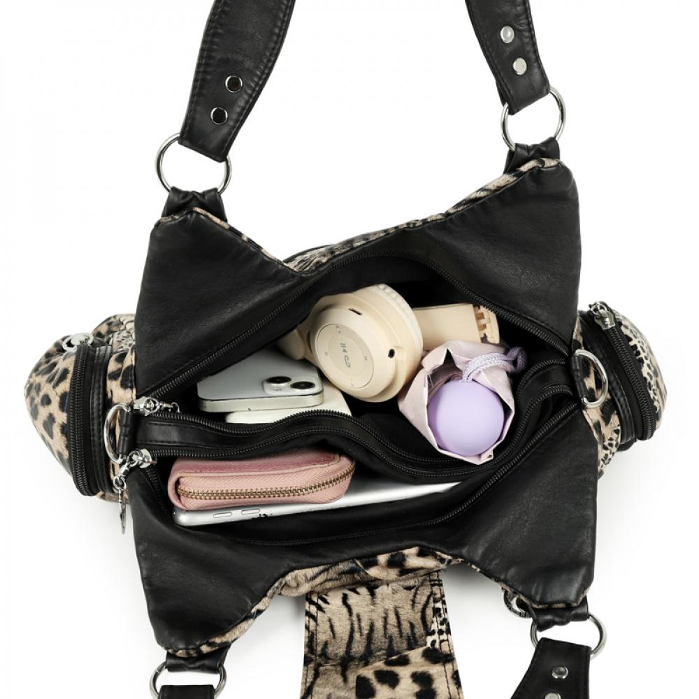 Leopard Print PU Leather Women Handbag Heart Ornament Multi Zipper Pockets Large Capacity Casual Shoulder Crossbody Bag