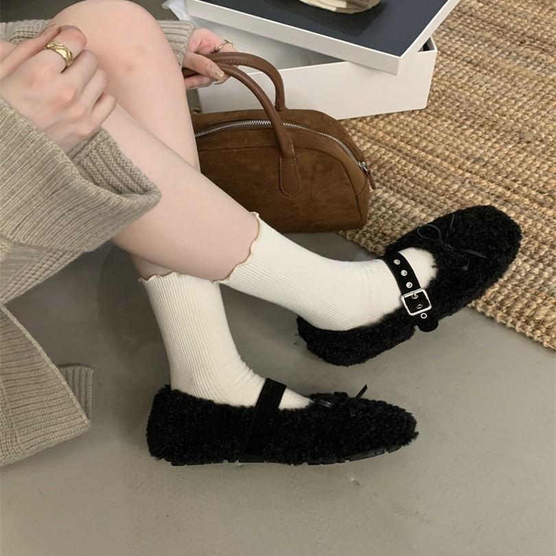 2025 autumn and winter comfortable versatile bow cotton shoes round head one-word buckle casual fluffy shoes