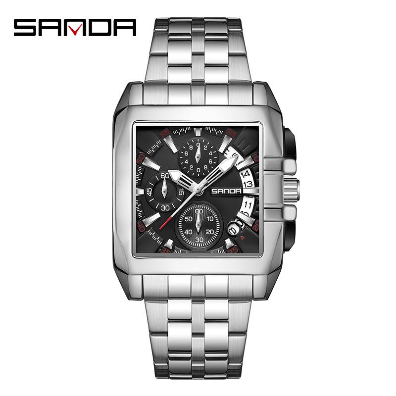 Sanda New Men s Fashion Quartz Watch with Calendar  Multi-Function Square Steel Strap