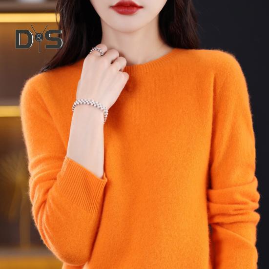 Women Bottoming Sweater Imitation Cashmere Crew Neck Sweater Long Sleeve Solid Color Slim Fit Ribbed Trim Knitting Tops