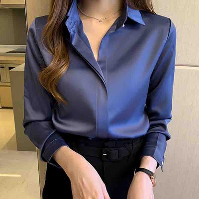 Nouvelle Mode Automne Manches Longues Chemise Femme Col Rabattu Dame de Bureau Chemise Blouse Satin Blanc Hauts Femme J738
