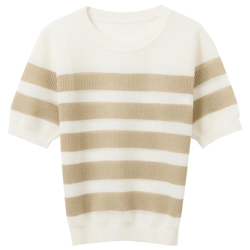 Sancai Women s Striped Knit Short Sleeve Sweater L