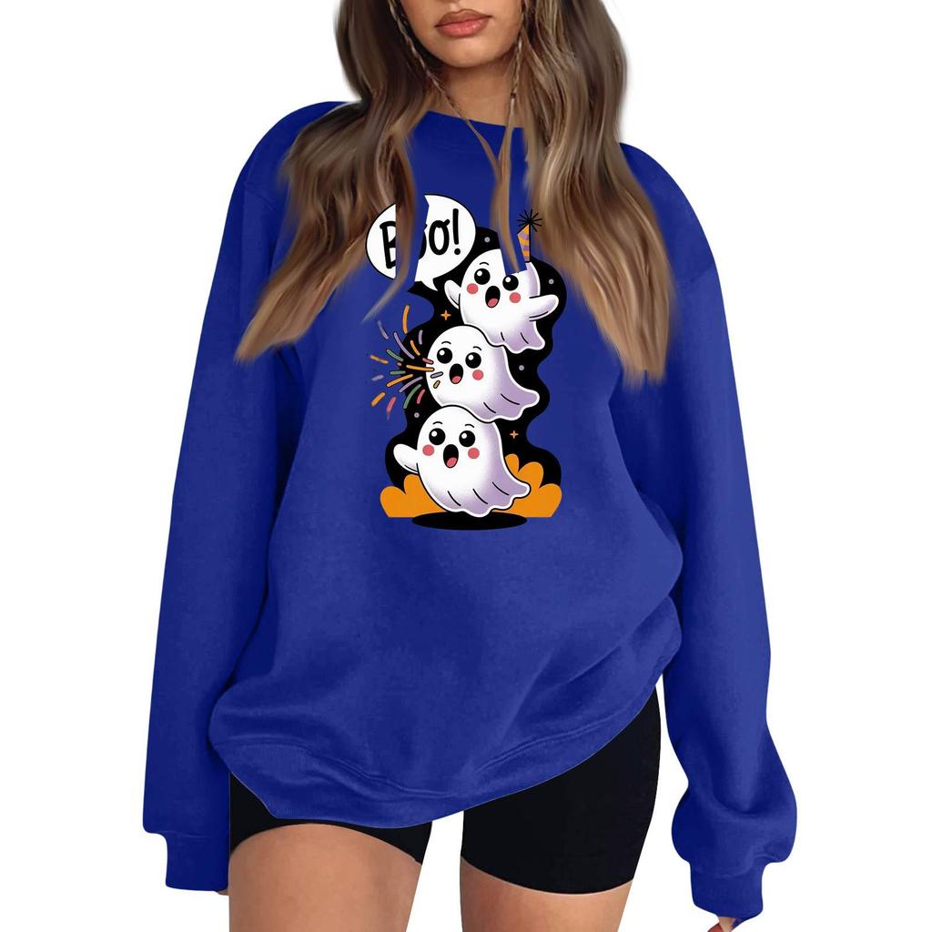 Women's Color Neck Long Sleeve Loose Fit Sweatshirt with Halloween Print