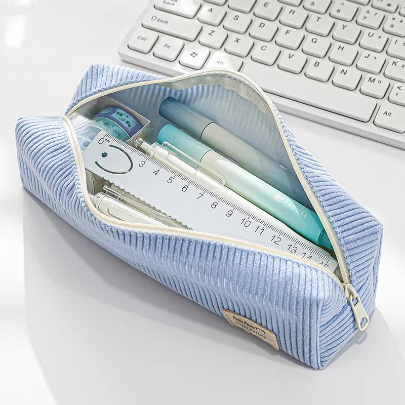 Retro Corduroy Solid Color Pencil Case Pen Box Artistic Minimalist Stationery Storage Bag Pencil Pouch School Student Supplies