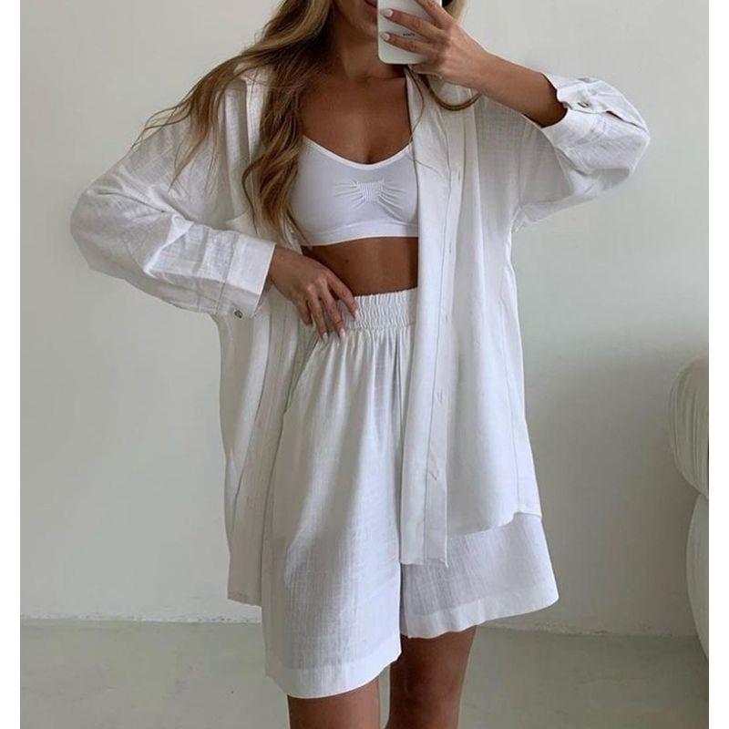 Fashion Spring and Summer Two-Piece Set Long Sleeves Lapel Shirt Shorts Loose Fashion Casual Set Casual Suit
