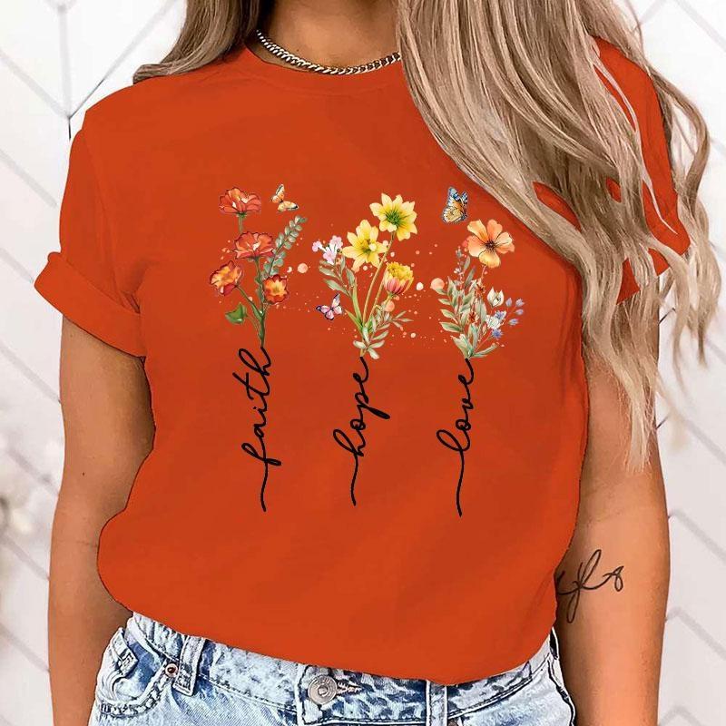 Women's Blouses Faith Hope Love Flower Letter Print T Shirt Women Summer Short Sleeve Fashion Summer Casual T-shirt