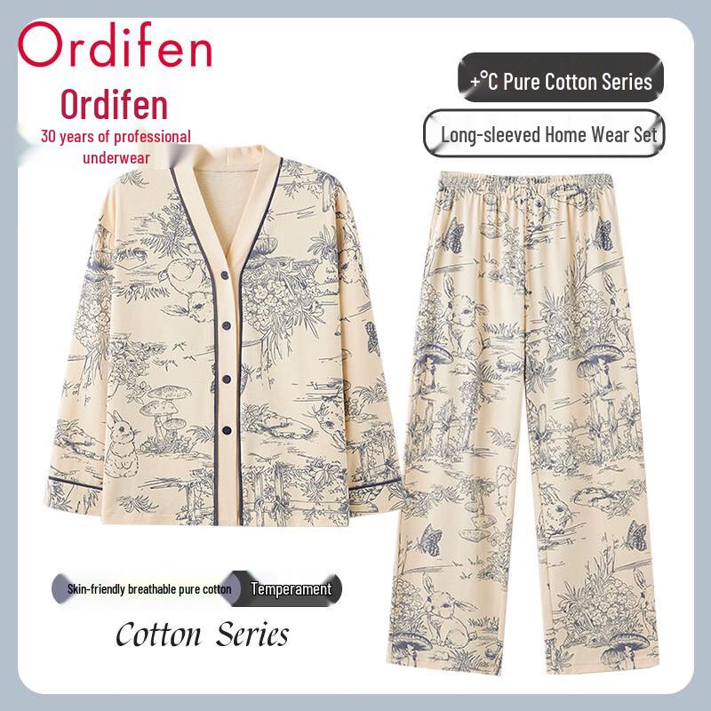 Oudifen Women's 100% Cotton Long-Sleeve Pajama Set