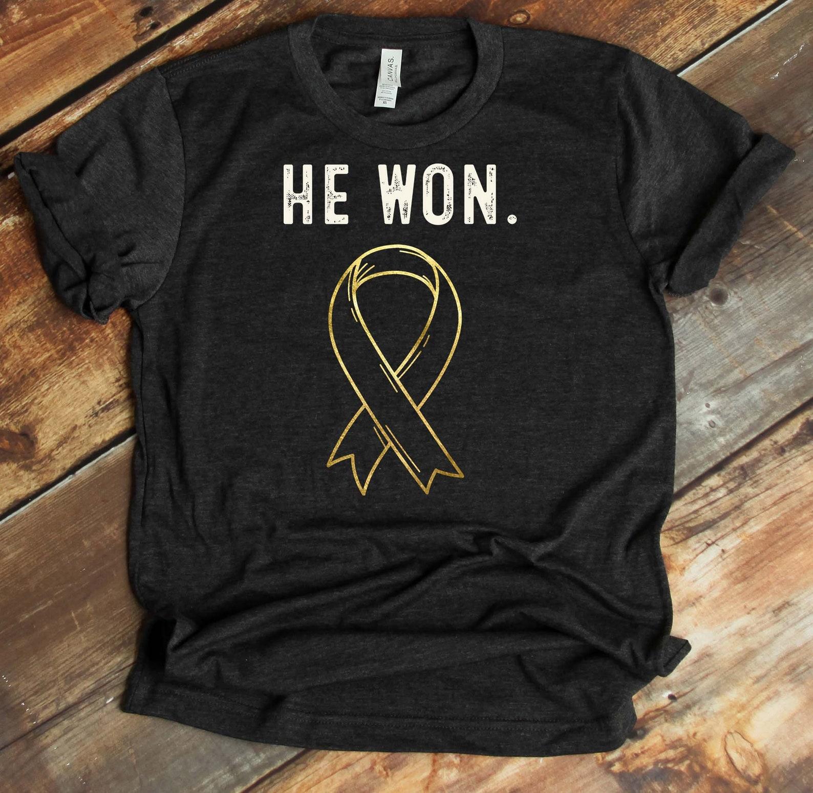 He Won Against Cancer T-Shirt - Big C Warrior - He Beat Cancer - Cancer Survivor - Childhood Cancer Awareness - Gold Ribbon S