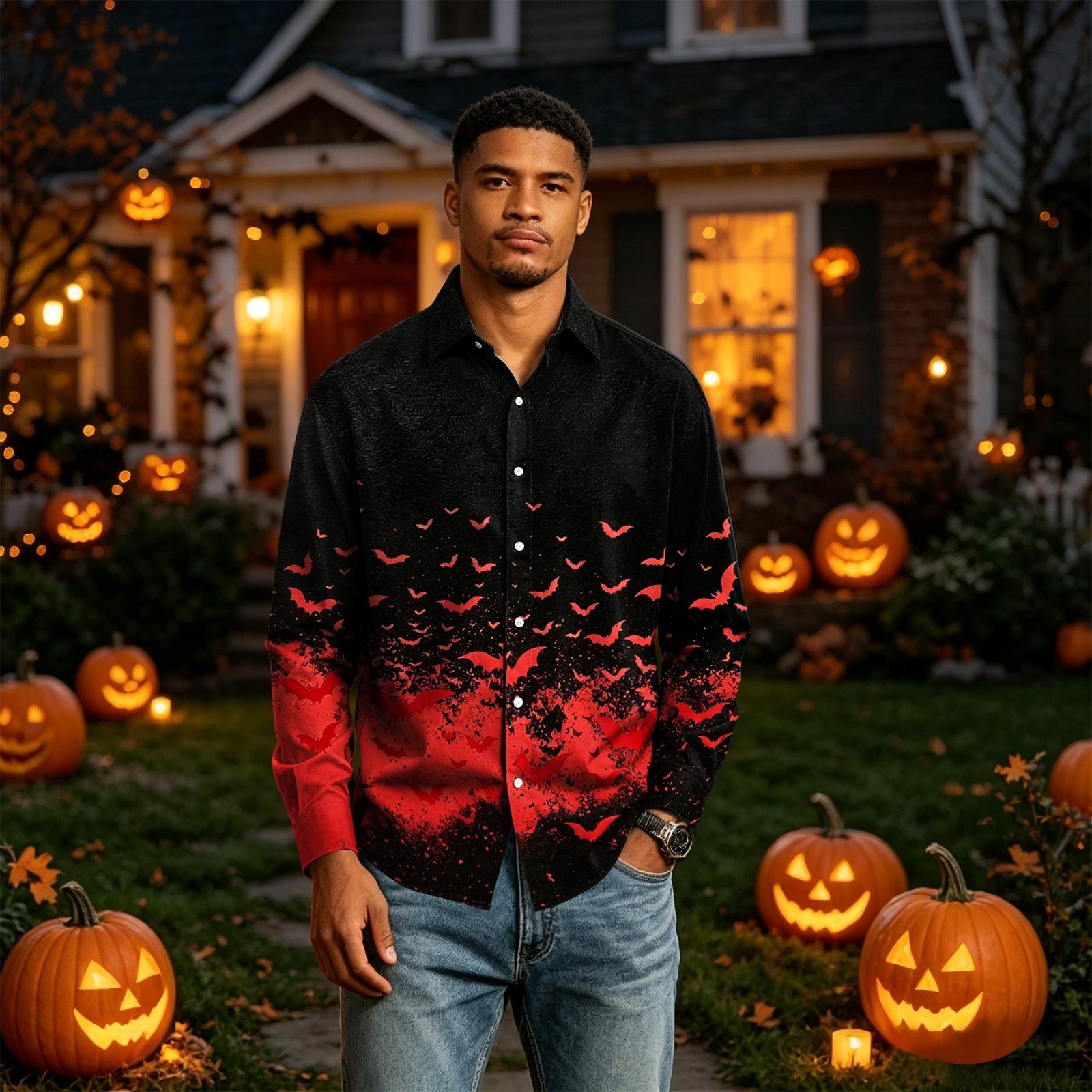 Men s Long Sleeve Button Down Shirt with Halloween Print L