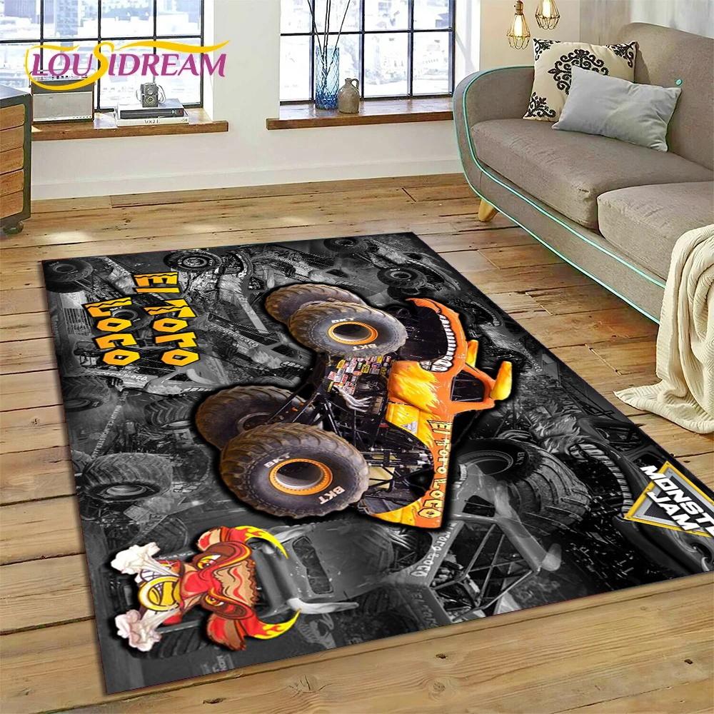 Monster Truck Monster Jam Cartoon Teppich für Wohnzimmer Schlafzimmer Heimdekoration, rutschfeste Bodendekoration für Sofa Fußmatte