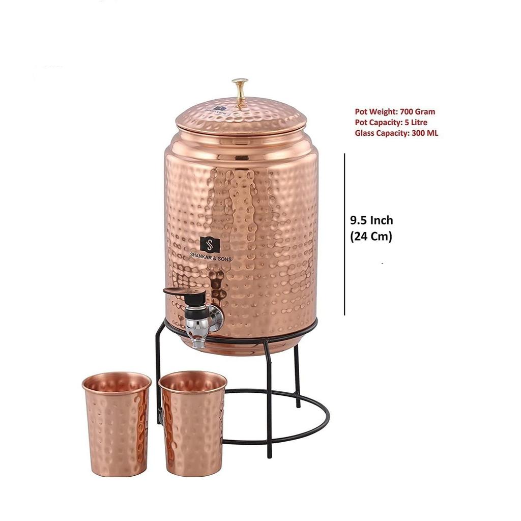 5 Litre Copper Water Dispenser with Stand and 2 Glasses | Hammered Texture, Rustproof & Durable | with Added Health Benefits of Copper