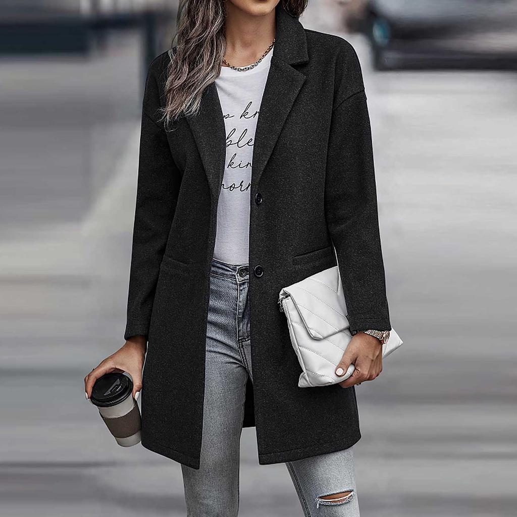 Women's Fashion Solid Color Long Sleeve Pocket Button Collar Slim Coat