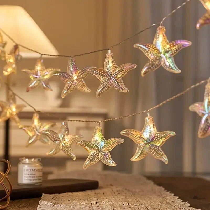 Colorful Solar LED Starfish & Seashell Decorative String Lights for Festive Atmosphere Battery 1.5m 10 lights