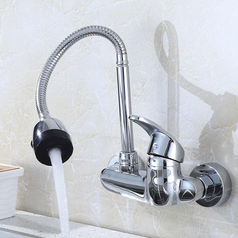 Wandmontierte Küchenarmatur Messing Chrom Zwei-Loch Heiß Kaltwasser Mischbatterie Schwenkbarer Auslauf Wischbeckenhahn