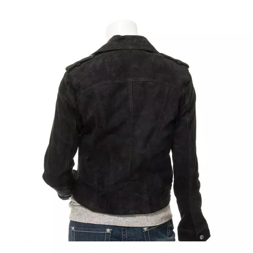 Women Suede Jacket Black Handmade Lambskin Leather Genuine Biker Motorcycle Stylish