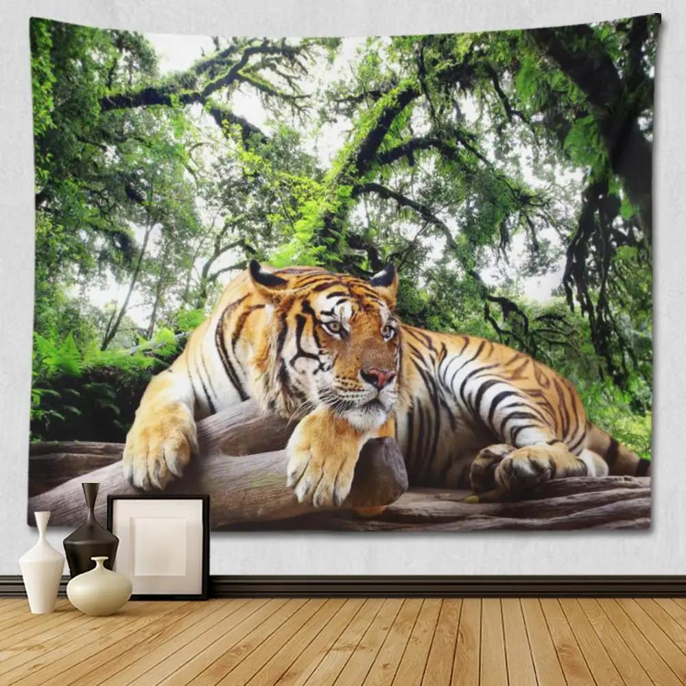 Jungle Wildlife Tiger Tapestry Cool Woodland Animal Print Tapestries Tropical Rainforest Theme Wall Hanging For Kids Boys Girls