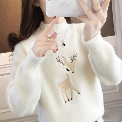 Świąteczny sweter damski Faux Mink Cashmere pół wysoki kołnierz sweter polarowy zimowe ubrania haft Deer ciepły sweter