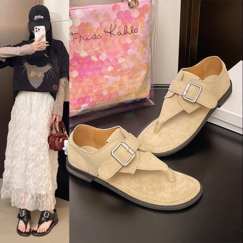 

Fashion Summer Retro Suede Thong Button Gladiator Sandals for Women 2025 New Fashion Mules Comfortable Flat Women s Sandals Sandalias 35 бежевый