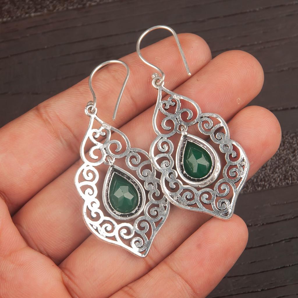Green Onyx Gemstone 925 Sterling Silver Jewelry Handmade Wedding Earrings 2.33" CE-10-17
