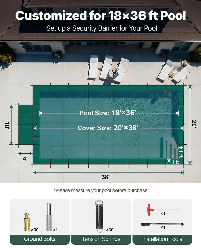 Pool Safety Cover Fits 18x36ft Rectangle Inground Pools, Safety Pool Cover with 4x10ft Center End Step, Mesh Solid Pool Cover with Drainage Holes for