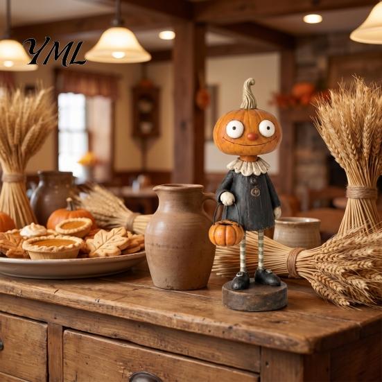 Creative Gift for Friends Halloween Pumpkin/Skeleton Figurine, Resin Desktop Ornament, Retro Cartoon Vintage Party Supplies Humanoid Statue