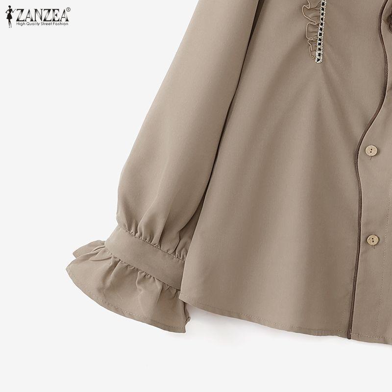 ZANZEA Camicetta Classica da Donna Casual con Collo a Revers, Manica Lunga Larga