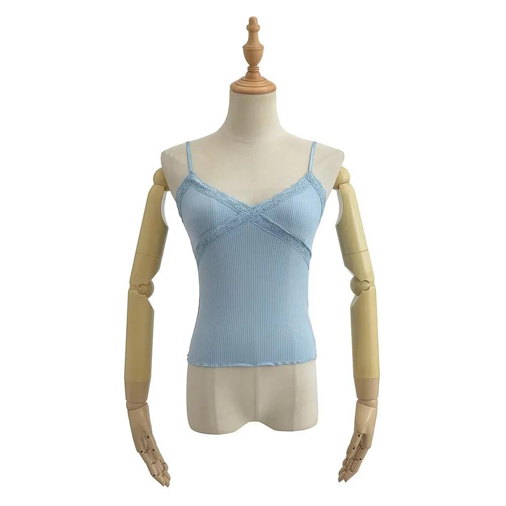 Summer 2023 Lace Trim V-Neck Stretchy Bodycon Camisole Tank Top for Women