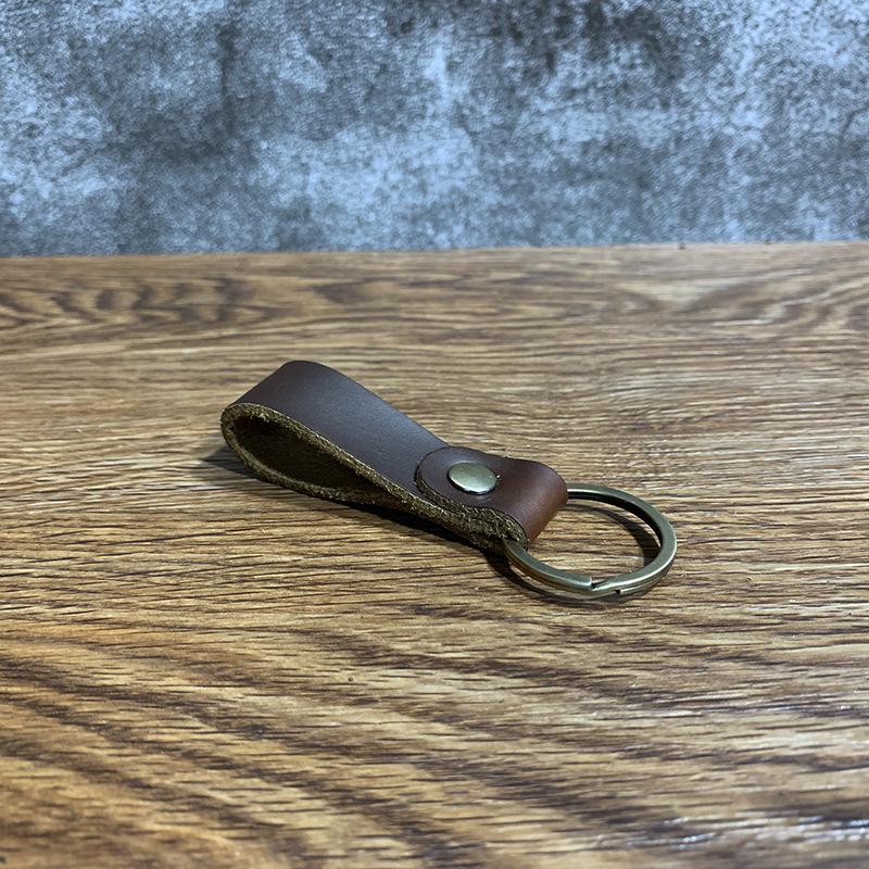 Vintage Crazy Horse Leather Keychain - Unisex Bronze Key Ring for Gifts