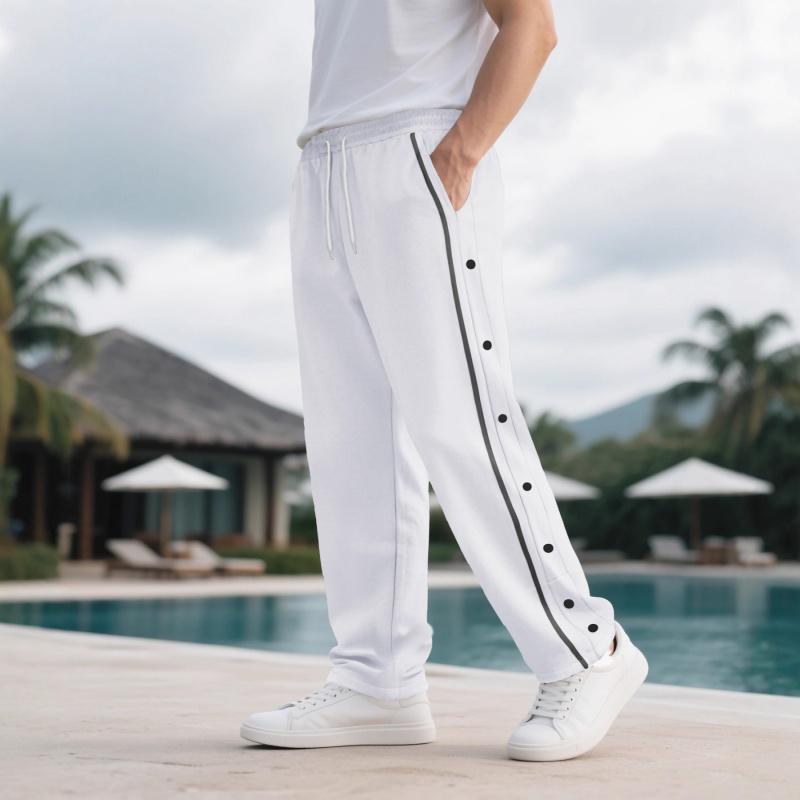 Men's New Elastic Waist Loose Casual Sports Straight Pants with Side Buttons