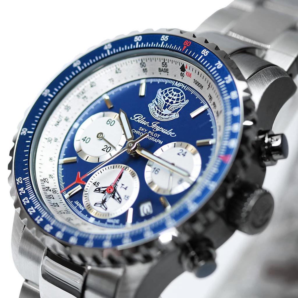 Blue Impulse Sky Pilot Chronograph Made in Official Emblem Navy Men's Watch, Japan, Product,