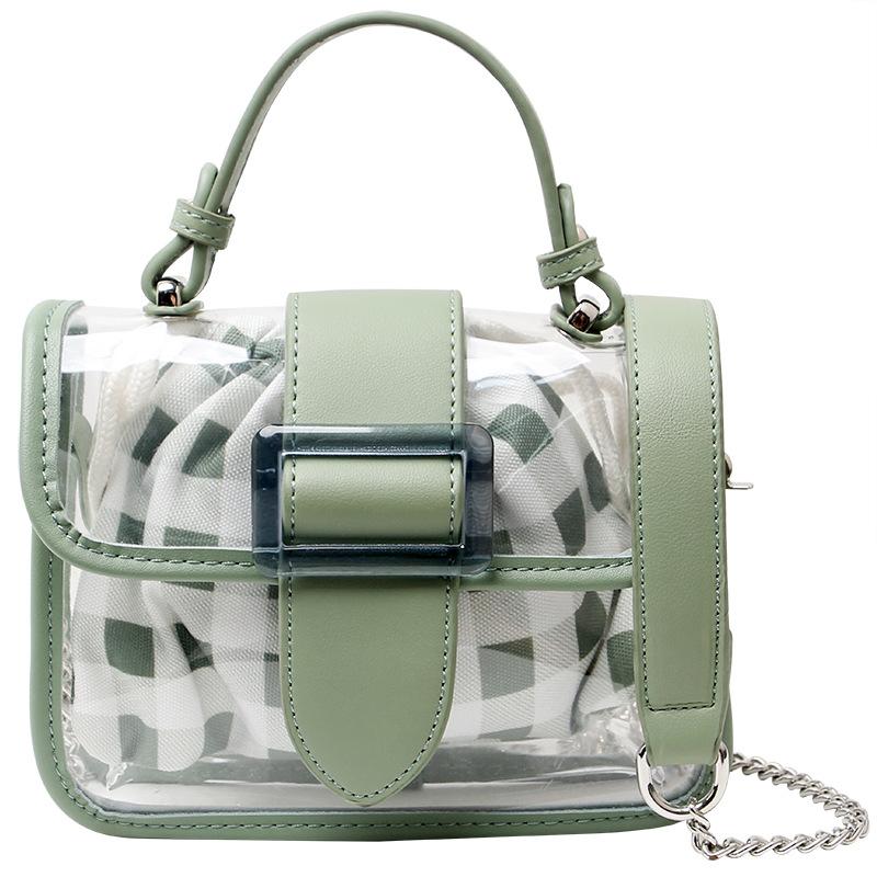 

Plaid transparent bag girl bag mini jelly messenger bag chain small square bag pain bag зелений