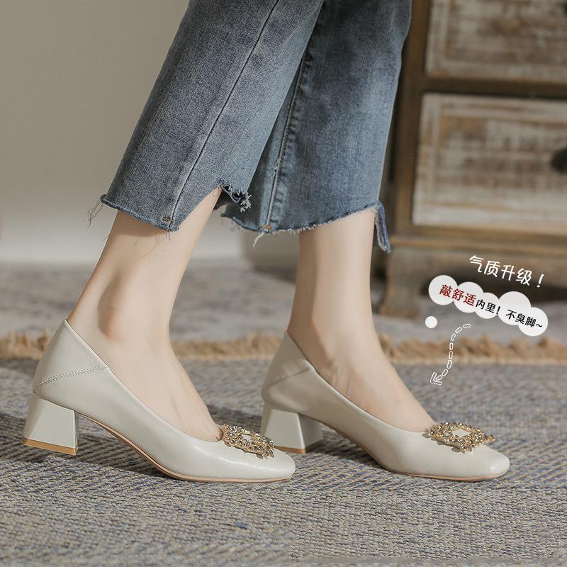 Leather square head shallow mouth spring 5 cm high heels French new versatile professional mother women's shoes temperament single shoes