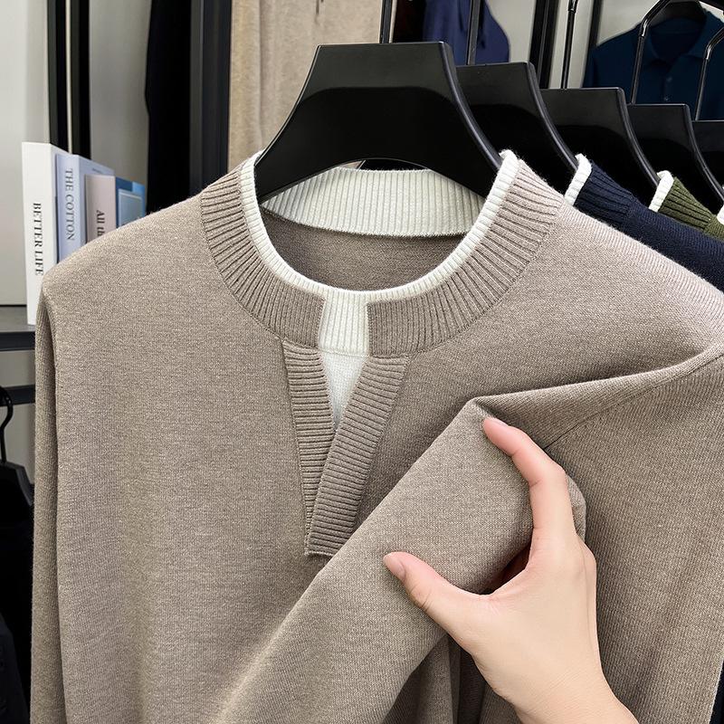 

Men s Fashionable Two-in-One Knitted Sweater: Autumn/Winter, Solid Color, Long-Sleeve Casual Wear for Middle Age 2XL бежевий