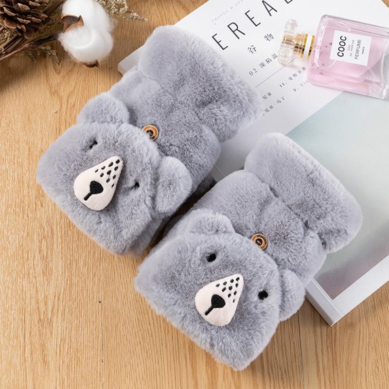Cartoon Raccoons Shaped Convertible Gloves Winter Half Finger Mittens Stretchy Half Finger Gloves with Top Cover for Men