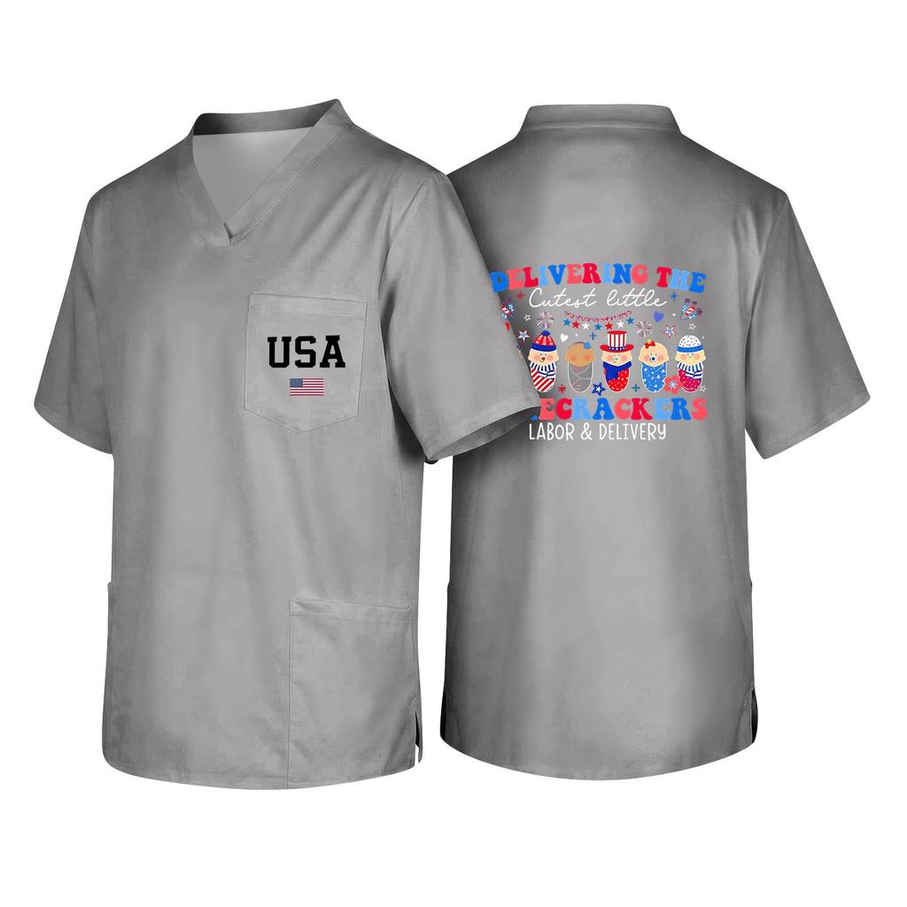 Men's V Neck Work Shirt Short Sleeve Pocket Top with USA Print Suitable for Healthcare and Labor Day Uniforms