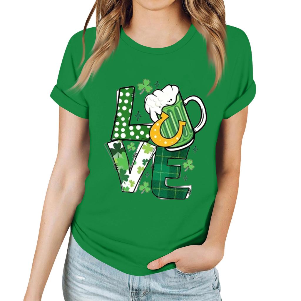 Damen Casual T-Shirt mit Saint Patrick Print Rundhals Pullover Kurzarm Top