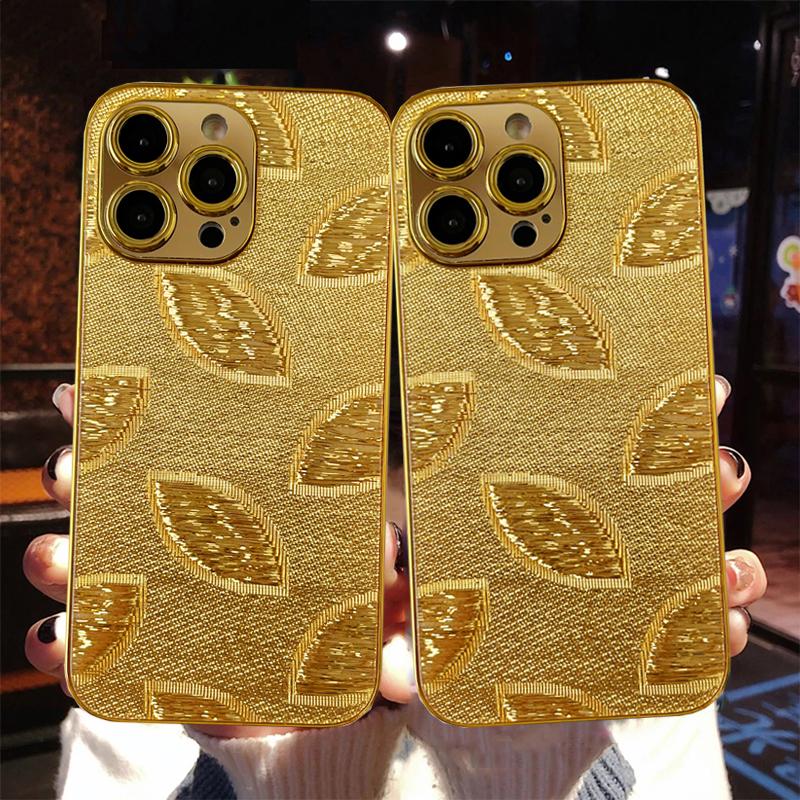Třpytivé zlaté listy pokovené pouzdro na telefon pro iPhone 15 14 13 12 11 Pro Max 14 15 Plus Ochrana objektivu fotoaparátu Měkký TPU zadní kryt