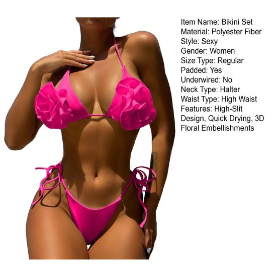 2Pcs/Set Women Bikini Set High Slit Swimming Trunks Adjustable Halter Strap 3D Hand-Sewn Flowers Bikini Bra Set Vacation Party Swimwear